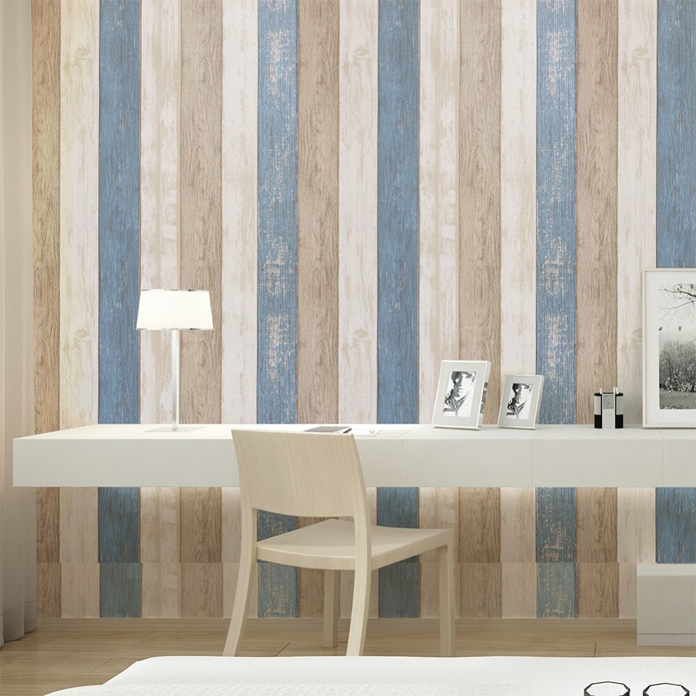 HaokHome  Ʈ г  ƽ  ٴ  / ũ / ź    Ž  /HaokHome Wood Strip Panel Peel and Stick Wallpaper Sea Blue/Cream/Tan Self Adhesive Co